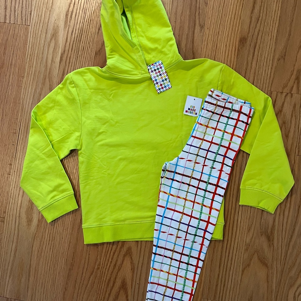 Kids Neon Lime Hoodie & Grid Print Leggings Matching Set